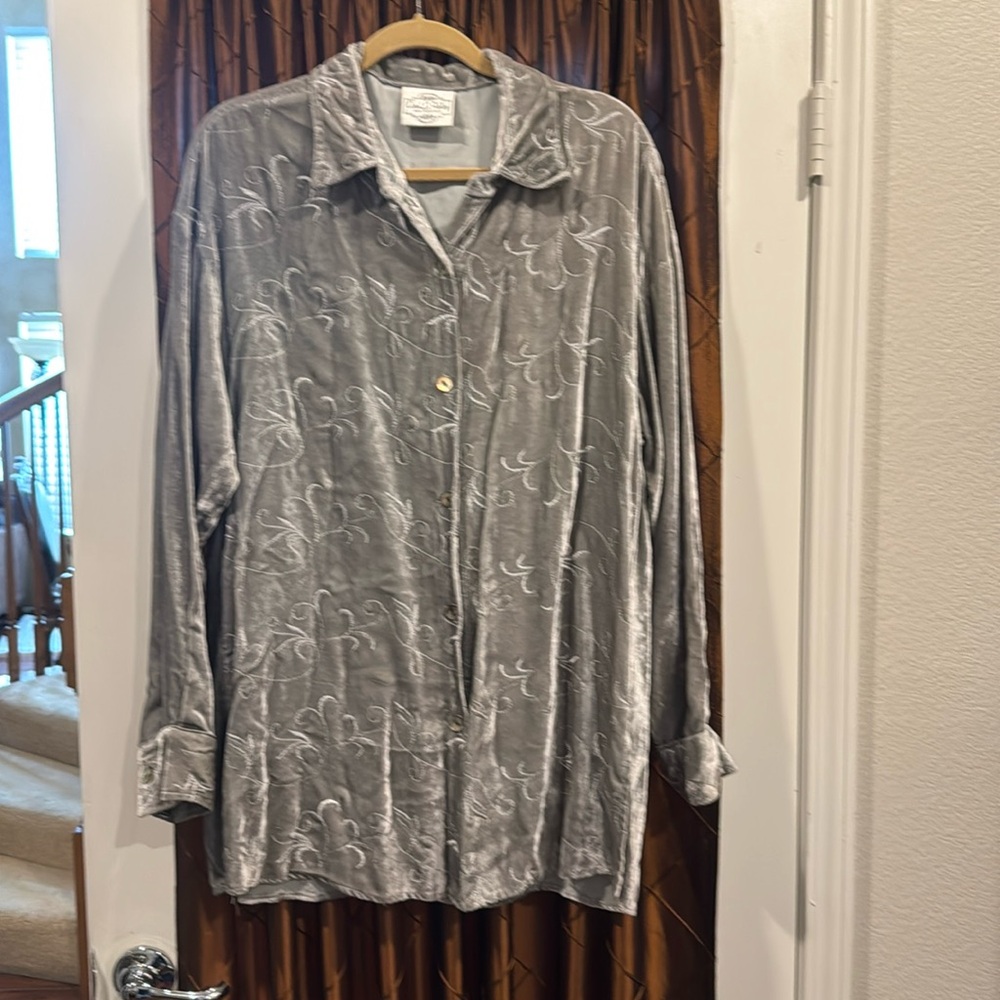 Embroidered Front Rayon Velvet Button Front Blouse Size L